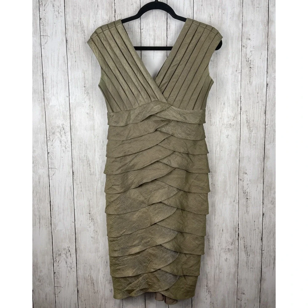 Adrianna Papell Dress Size 4 Gold Beige Shimmer Panels Tiered Ruffles Party Glam